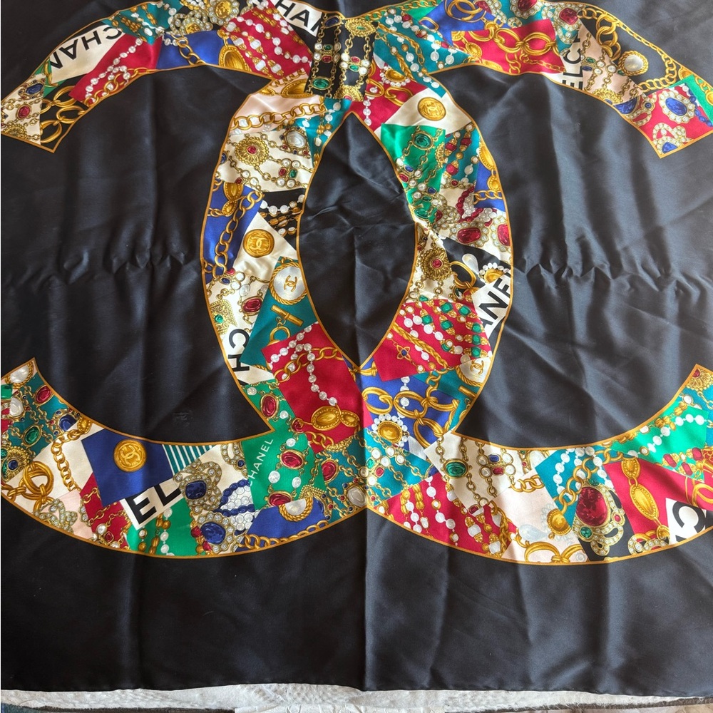 Vintage Chanel Black Multicolor Silk Scarf